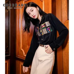 Camicetta con ricamo Camicia a maniche lunghe nera Top da donna coreano ricamato con colletti Abbigliamento moda autunno 210427