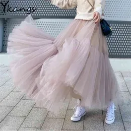 Vintage Fairy Tulle Skirt Kvinnor Elastisk Hög Midja Mesh S Lång Pläterad Tutu Koreansk Kvinna Jupe Longue Streetwear 210421