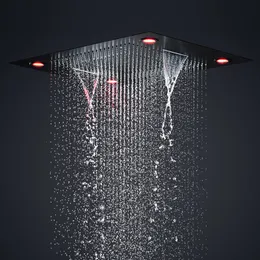 Czarna głowica prysznicowa luksusowy hotel duży wodospad deszczu 3 Funkcje Howerhead Electricity LED światło 600 x 800 mm 304 Stal nierdzewna