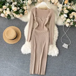 2021 Autumn new design women's square collar long sleeve solid color bodycon tunic sexy midi long pencil knitted dress