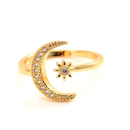 Fashion Minimalist CZ Stones Moon Star Opening 24 K KT Fine Solid Gold GF Ring Charming Women Party Jewelry Cute Gift