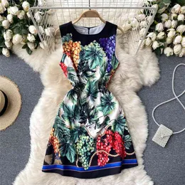 Women's Fashion Round Neck Sleeveless Slim Tropical Fruit Print Mini A-line Dress Elegant Vestido De Mujer S670 210527
