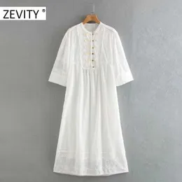 ZEVITY Kadınlar Zarif O Boyun Nakış Oymak Rahat Düz MIDI Elbise Lady Düğmeler Kimono Vestido Chic Elbiseler DS4397 210603