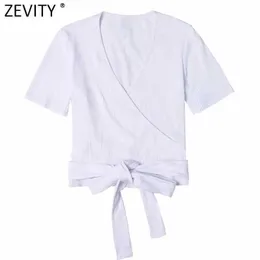 Zevity Women Simply Cross V Neck Hem Bowknot Krótkie Chic T Shirt Damskie Cukierki Kolor Krótki Rękaw Casual Slim Crop Tops LS7551 210603
