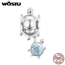 Wostu Sea Turtlesチャーム925スターリングシルバーブルービーズガラスペンダントフィットオリジナルブレスレットネックレスジュエリーCTC332