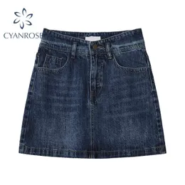 High Waist Crop Denim Skirts Women Summer Blue&White Washed A Line Skirt Female Streetwear Rok Party Club Bar Sexy Clothes 210417