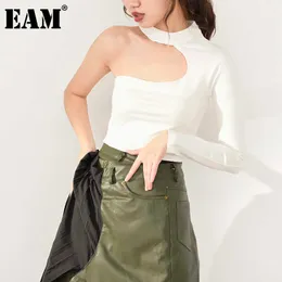 [EAM]女性白い中空アウト気質Tシャツ新しいスタンドカラー長袖ファッション潮春秋2021 1DC8990 x 0628