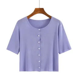 Summer Silk Short-Sleeved Button short T-shirt tops Female Purple Short Slim Wild Korean Top Base T Shirt women 210420