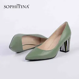SOPHITINA Elegant Pumps Fashion Flower Square Heels Office Woman Shoes Pointed Toe Slip-on Genuine Leather Handmade Pumps A84 210513