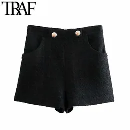 Traf女性シックなファッションサイドポケットボタンツイードバミューダスショーツビンテージハイウエストバックジッパー女性ショートフェムミ210611