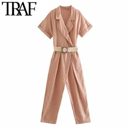 Frauen Chic Mode Mit Gürtel Leinen Overall Vintage Kurzarm Seitentaschen Weibliche Playsuits Mujer 210507