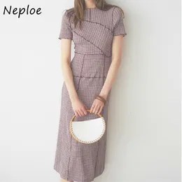 Neploe Chic Wooden Ear Patchwork Pleated Women Dress Spring Summer Drawstring Vestidos High Waist Plaid Dresses 1H970 210623