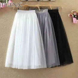 Tigena tulle plissado longa saia mulheres primavera verão coreano moda uma linha alta cintura malha tutu maxi saia feminina meio comprimento 210730