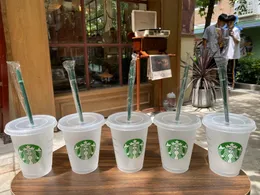Starbucks syrenka bogini 16 uncji/473 ml plastikowy kubek wielokrotnego użytku jasne picie kubki z płaskim dnem filar kształt pokrywką słomiane kubki 50 sztuk