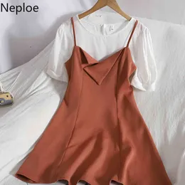 Neploeファッション韓国のスーツ韓国のエレガントなスリングドレスOネックパフ半袖ホワイトシャツ2個セット女性のフェムメラス210422
