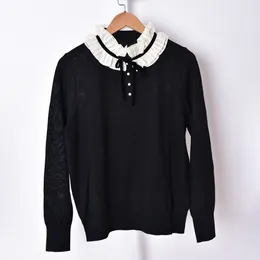 2021 Autumn Fall Long Sleeves Round Neck Black Solid Color Knitted Ribbon Tie Bowknot Panelled Pullover Style Sweater Women Fashion Knits Tops S2721101