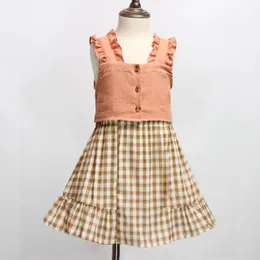 Sommar baby flickor axlar väst + rutnät kjol set barn flicka prinsessan klänning kostym klädsel avslappnad mode 210521