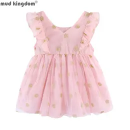 Mudkingdom sommar ruffle baby flicka klänning gnistrande tulle med gyllene dot barn kläder knä längd prinsessa klänningar tjejer kläder 210615