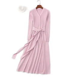 Lamtrip Korean Women Elegant Lady V-Neck Knitted Belt Long Sleeve Basic Dress Mori Girl Spring 210413