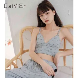 CAIYIER Sweet Girl Sleepwear 3 Pieces Smiley Face Print Hoodie Sexy Vest Pants Pajamas Set Four Seasons Casual Homewear 210809