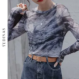 Yedinas Korean Style Tie Dye Crop Tops Women Harajuku Summer Long Sleeve Mesh T-shirt See Through Translucent Streetwear E Girl 210527