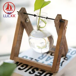 Luckk Terrarium Hydroponic Roślin Przezroczysty Szklany Wazon I Drewno Taca Tray Tabletop Plant Kwiat Doniczka Wiszące Bonsai Home Decor 210409