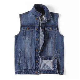 Homens multi-bolso sólido sólido denim denim jaqueta hip hop magro azul algodão preto casual jeans coletes waistcoats plus szie 6xl 7xl 211110