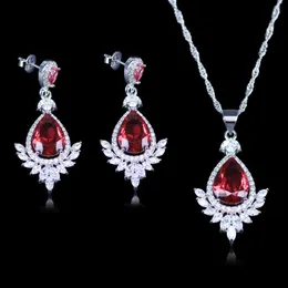 Melhor Jóias de Casamento para Mulheres / Lady Rose Vermelho Criado Garnet Branco Zircon Prata Cor Brincos de Jóias Colar Sets H1022