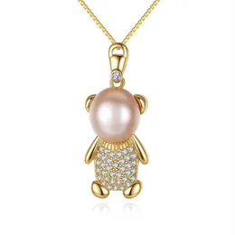 Trendy Charm Cute Bear Shape Pearl Cubic Zircon Pendant 925 Sterling Sier Box Chain Necklace For Women