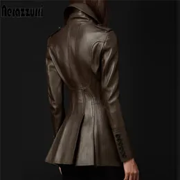 Nerazzurri British Style Leather Trench Trench Coat for women longlese lapel womens slim fit soft faux革のブレザー210916