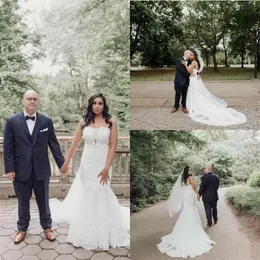 Casamento do país 2021 Vestidos de sereia vestido de noiva com tiras de espaguete Apliques de renda Swee