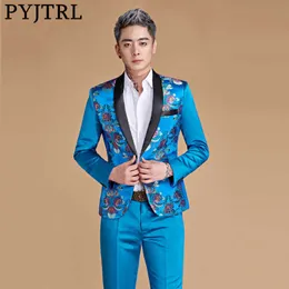 Pyjtrl男性Shawl Lapel Chineseスタイルロイヤルブルーゴールドレッドドラゴンプリントスーツ最新のコートパンツデザインステージシンガー着用コスチュームx0909