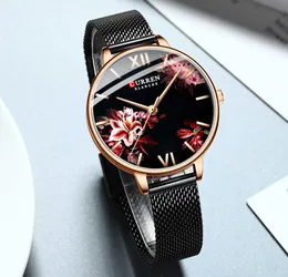 Curren Women Quartz Watches Elegant Charming Wristwatch for Ladies Stianless Steel Mesh Band Flower Clock Female Q0524