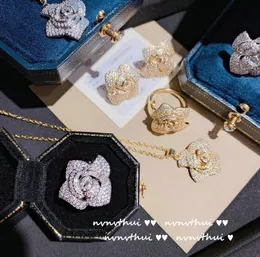Brilliant Luminous Camellia Gem Earrings Rose Cluster Inlaid Zircon Full Rhinestone Ball Ring Women Jewelry Set & Necklace