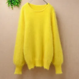 Женские свитера женские женские мода желтая волосатая норка кашемировый о-шеи вязаные свободные длинные рукава рукава тонкий пуловер ангорский меха