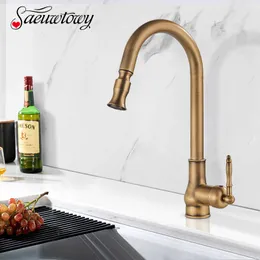 Antique Brass Kitchen Faucet Pull Out Kitchen Sink Faucet Single Handle Faucet 360 Rotate Kitchen Tap Cold Water Mixer Crane 210724