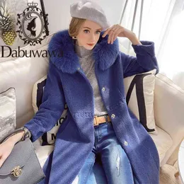 Dabuwawaの女性のFauxの毛皮のコート長袖冬の女性の暖かいリアルの毛皮の襟のオーバーコート柔らかい女性ロングコートDT1DFR030 210520