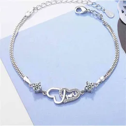 925 Sterling Sier Double Layer Box Chain Heart Charm Armband Bangle för Kvinnor Eleganta Bröllop Smycken SL081