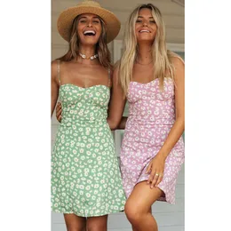 Jastie Daisy Floral Print Sukienka Kobiety Sweetheart Dekolt Chic Mini Sukienki Bez Rękawów Shurring Back Sexy Dress Summer Vestidos 210419