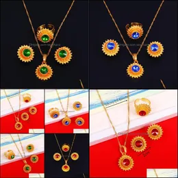Earrings & Necklace Jewelry Sets Red Blue Green Stone Ethiopian Gold Color Pendant Ring Traditional African Women Gift Drop Delivery 2021 Li
