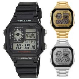 腕時計男性は防水液晶カラフルな冷たいライトウォッチステンレス鋼デジタル5目の目覚まし時計ワールドタイムファッション
