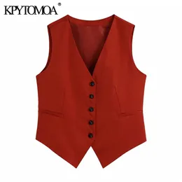 KPYTOMOA Kvinnor Mode med Tab Kontor Slitage Waistcoat Vintage Ärmlös Welt Fickor Kvinnlig Ytterkläder Chic Veste Femme 211120