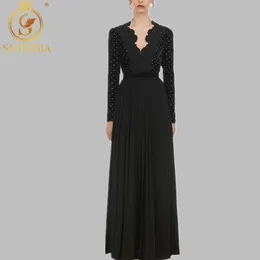 Высококачественная роскошная взлетно-посадочная полоса прибывает бархатное кружево плиссированное длинное платье Полный рукав глубокий V элегантная черная вечеринка 210520