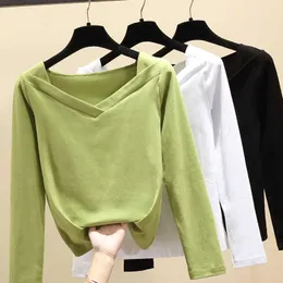 Make avocado green v-neck female T-shirt cultivate one's morality show thin matcha green top brim long sleeve blouse 210604