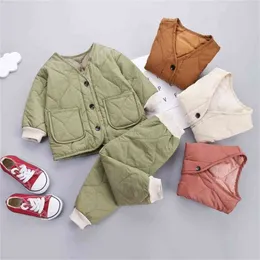 Barnkläder Vinter Koreanska Plus Velvet Tjockning Pojke Tjej Baby Two-Piece Bread Suit Cotton Sets 210625