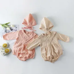 Född baby kläder söt prinsessa 1: a födelsedag baby flicka bodysuits hatt set långärmad bomull spets spädbarn jumpsuit rosa beige 210713