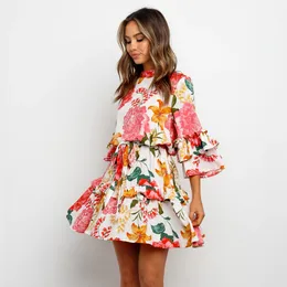 Peony Print Floral Dress Loose Cascading Ruffles Elegant Party Mini A Line Dresses Flare Sleeve Casual Waist Lace up Vestidos 210507