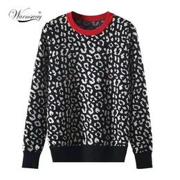 Höst Vinter Kvinnor Tröjor Leopard Stickade Pullovers Långärmad Kontrast Färg CrewNeck Jumpers Sweter Mujer C-026 211011