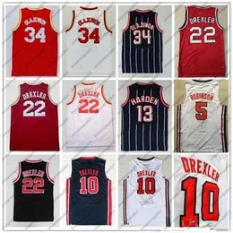 #34 Hakeem Olajuwon 저지 유니폼 1992 Dream Team One 10 Clyde Drexler 저지 셔츠 22 Rev 30 신소재 레드 화이트 블루 100% 스티치 사이즈 S-2XL