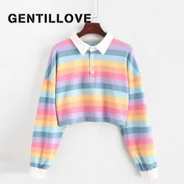 Z Długim Rękawem Rainbow Kolor Damska Bluzy z Przyciskiem Paski Koreański Harajuku Bluza Polo Koszulka Kobiety Bluza 210421
